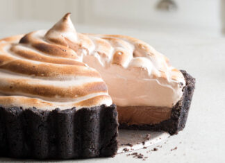 Triple-Chocolate Pie triple chocolate tart on marble counter