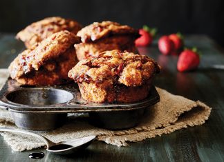 Strawberry Balsamic Muffins Sweet strawberries and tangy balsamic vinegar are a match made in heaven. These Strawberry Balsamic Muffins in muffin tin on green surface