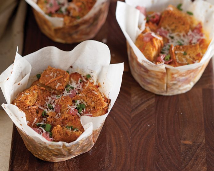 Rye Bread Pudding with Pastrami and Leeks in paper cups