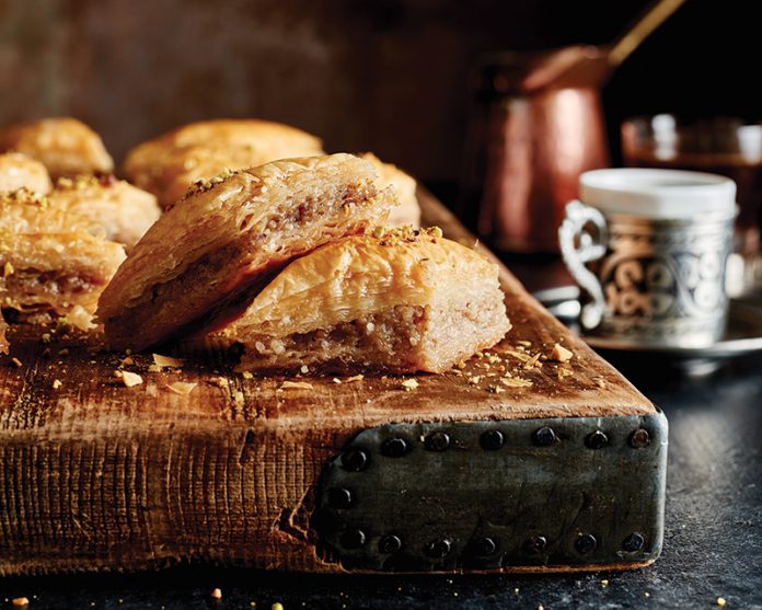 Baklava on wooden board