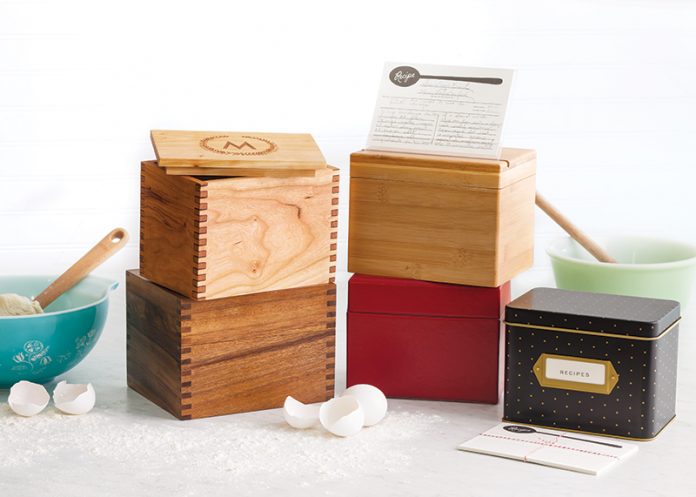various recipe boxes stacked