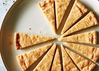 Brown Sugar Shortbread, From Food 52 Baking Brown Sugar Shortbread sliced on plate baking recipe