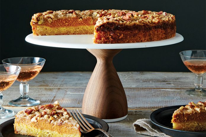 Pumpkin Pie Crumble sliced on stand Food 52 baking recipe