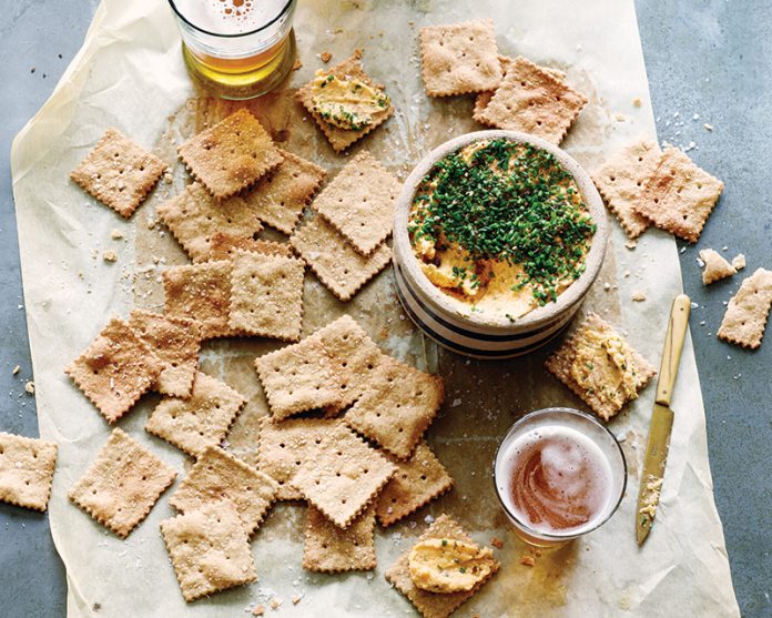 Sesame-IPA Saltines with Pub Cheese Spread
