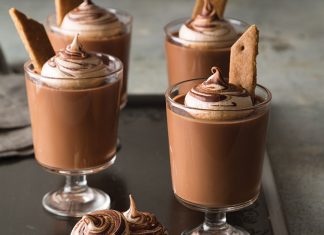 Chocolate Pots de Crème with Toasted Meringue Chocolate Pots de Crème with Toasted Meringue in glasses on tray