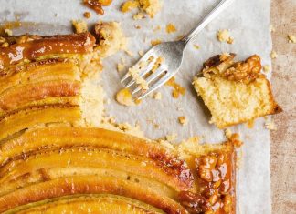 Banana Upside-Down Cake with Walnuts and Coconut