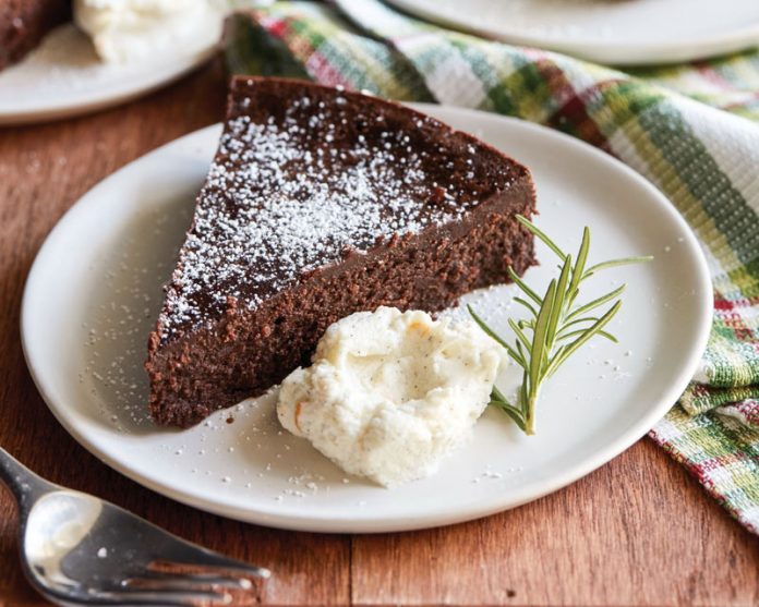 Flourless Chocolate Rosemary Cake with Vanilla-Orange Mascarpone