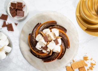 S’mores Swirl Bundt Cake s'mores swirl bundt cake overhead