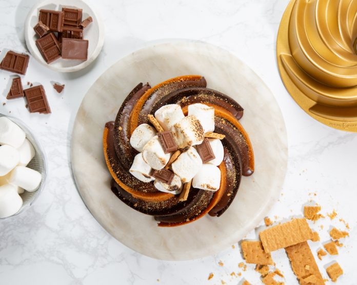 s'mores swirl bundt cake overhead