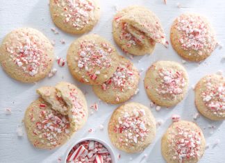 Cream Cheese-Stuffed Vanilla-Peppermint Cookies Cream Cheese-Stuffed Vanilla-Peppermint Cookies on white with peppermint sprinkled