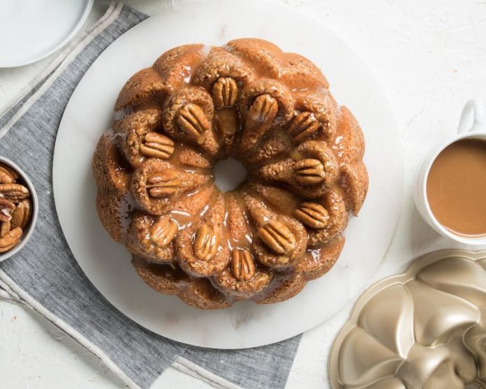 Pecan Pie Bundt Cake on white plate