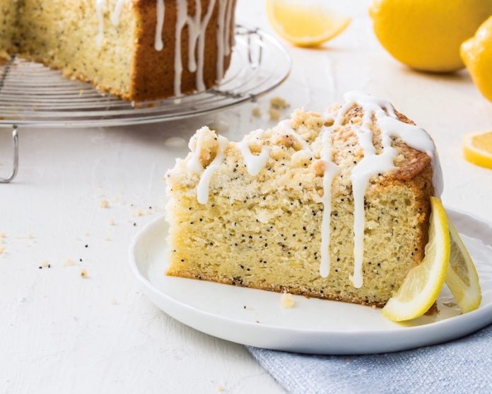 Lemon Poppy Seed Coffee Cake slice on white plate