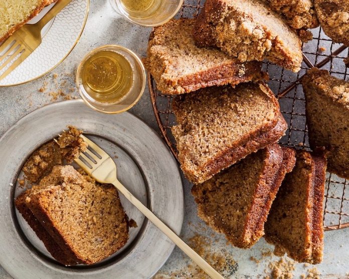 Banana Streusel Bread sliced on wire rack