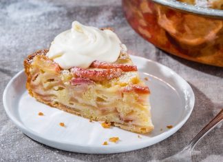 French Apple Cake French Apple Cake on white plate on gray surface