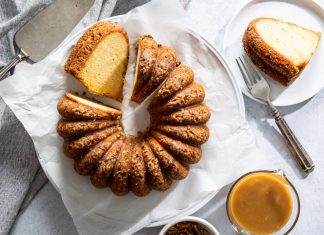 Pecan Bundt Cake Pecan Bundt Cake sliced on parchment