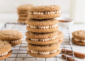 Ginger-Molasses Sugar Cookie Sandwiches with Spiced Cream Cheese Buttercream Ginger-Molasses Sugar Cookie Sandwiches on wire cooling rack