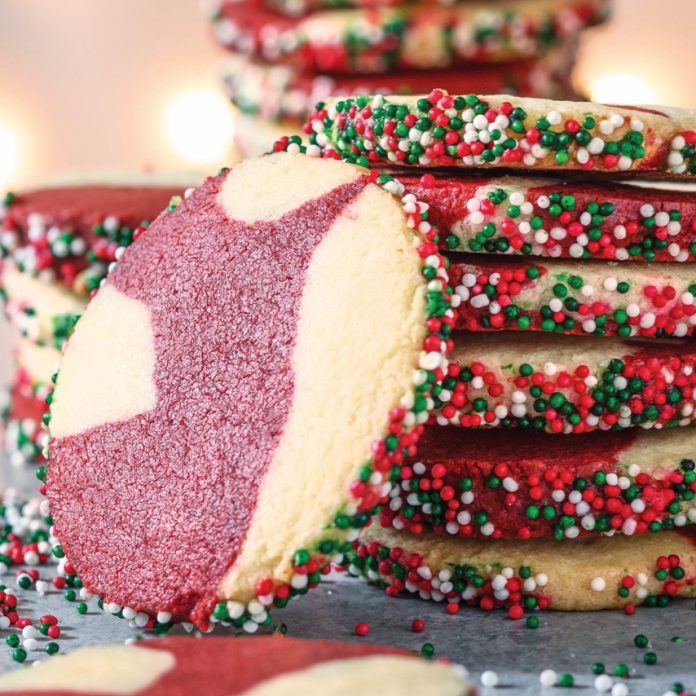 Peppermint-Mocha Red Velvet Marble Cookies stacked