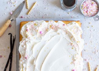 Vanilla Bean Sheet Cake with Vanilla Bean Swiss Meringue Buttercream Vanilla Bean Sheet Cake