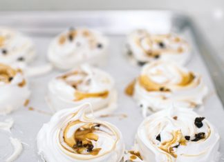 Meringues with Cacao Nibs and Caramel Swirl Meringues with Cacao Nibs and Caramel Swirl