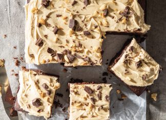 Peanut Butter-Chocolate Chunk Cakey Brownies Peanut Butter-Chocolate Cakey Brownies on parchment baking recipe