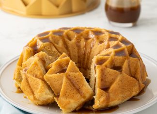 Pancake Bundt Cake Pancake Bundt Cake sliced on white plate