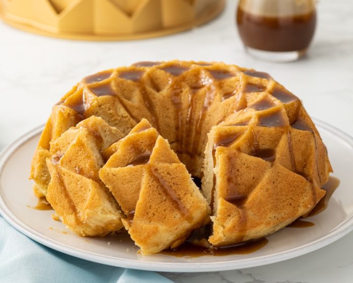 Pancake Bundt Cake sliced on white plate