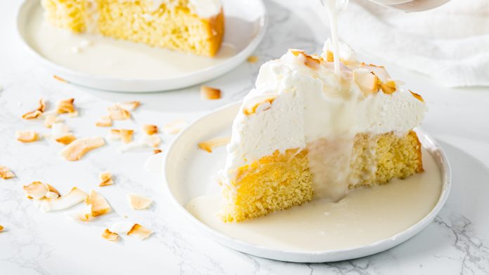 one layer Pina colada tres leches cake