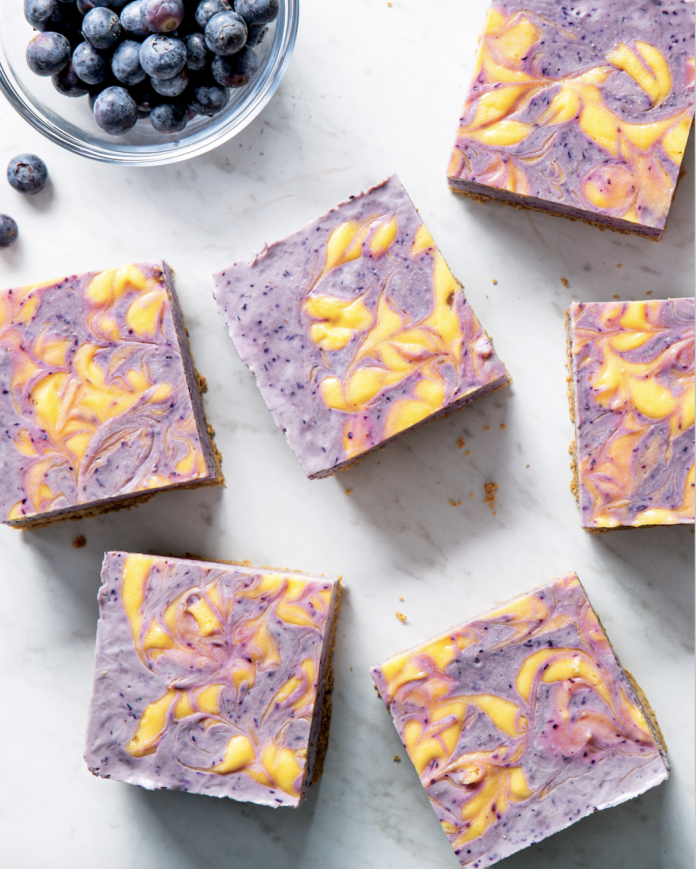 cheesecake bars with blueberry swirl
