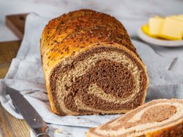 Marbled Rye Bread marbled rye bread on fabric with knife