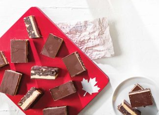Eggnog Nanaimo Bars Eggnog Nanaimo bars on red Canadian platter with paper