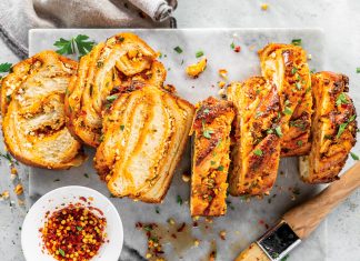 Goat Cheese-Harissa Babka Goat Cheese-Harissa Babka sliced on marble