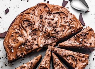 One-Bowl Chocolate Cake with Chocolate Buttercream One-Bowl Chocolate Cake with Chocolate Buttercream on white background half sliced