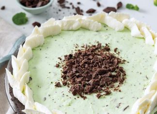 Mint Chip Pie mint chip pie with whipped cream on white background baking recipe