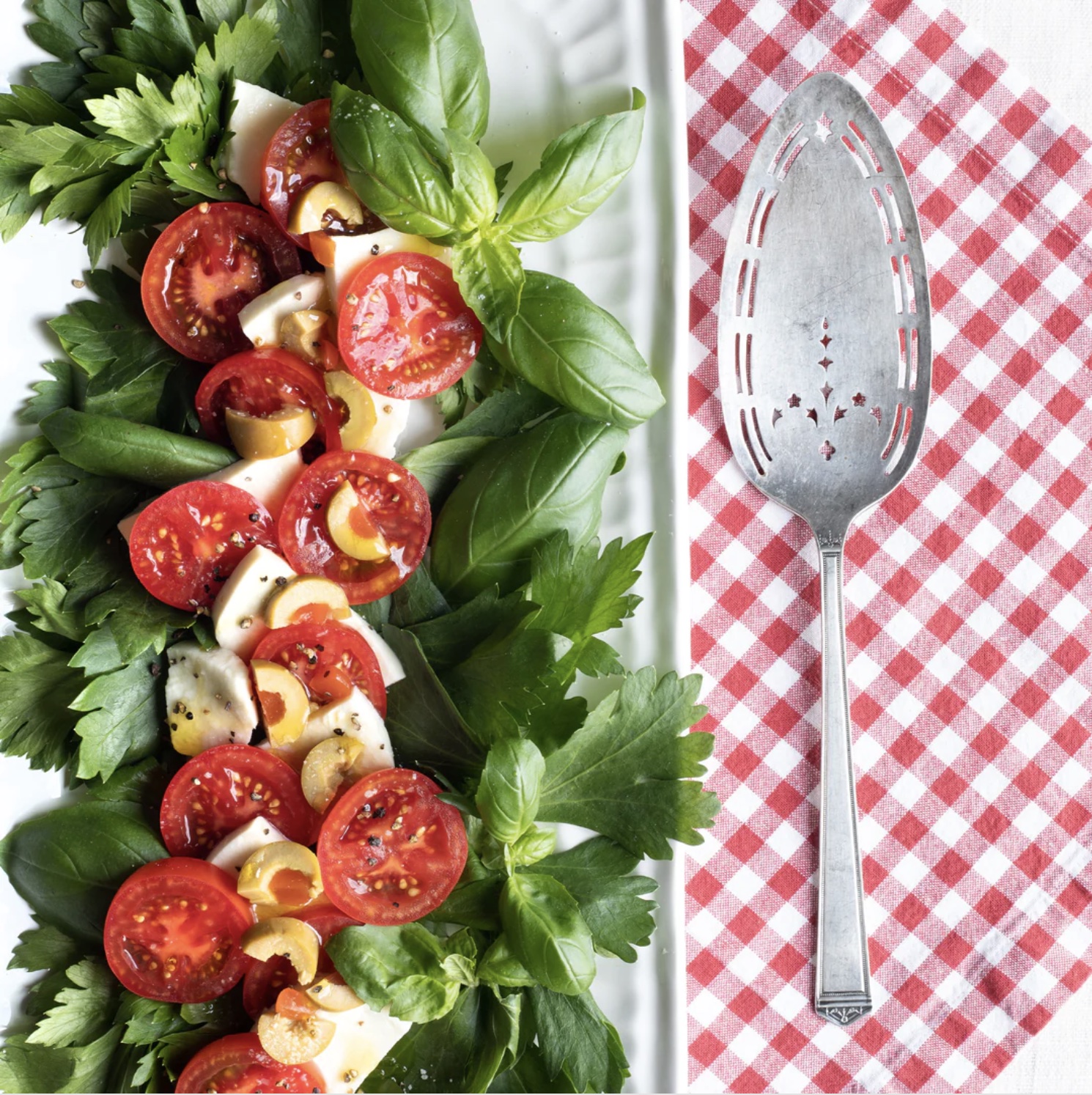 Caprese Salad and Gingham Napkin - Bake from Scratch Caprese salad and gingham napkin