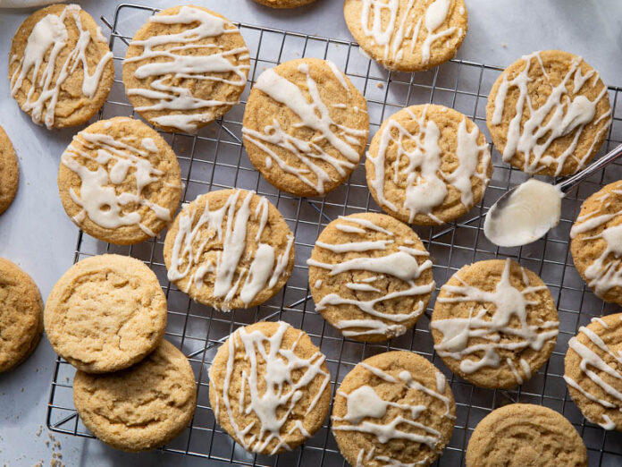 Browned Butter Brown Sugar Cookies with glaze on wire rack