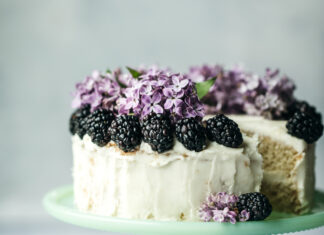 The Greatest Baker Competition Blackberry Cake on a cake stand