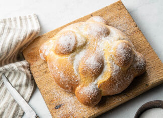 Baking School In-Depth: Pan de Muerto pan de muerto baking school in depth module. bread sugared on wooden cutting board