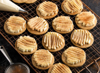Chai Spice Cookies with Vanilla Frosting chai spice cookies with vanilla frosting topped with cinnamon on wire rack.