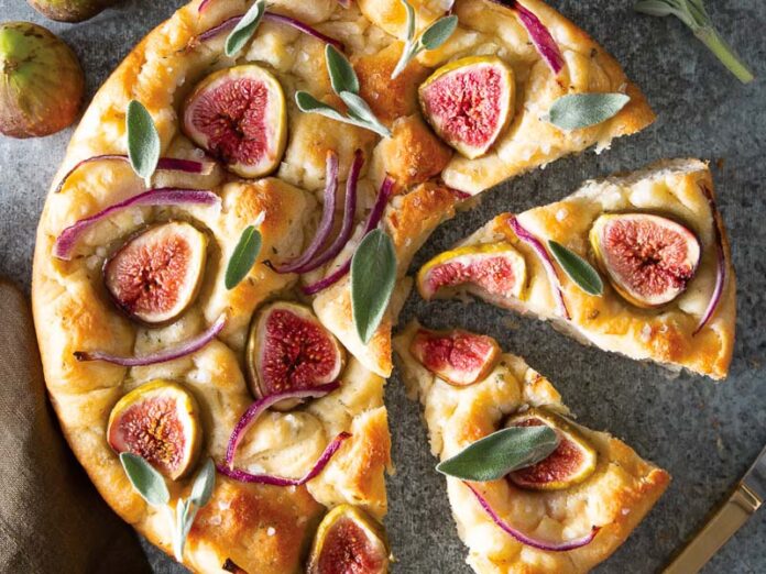 Fig and Onion Focaccia Loaf on Gray Marble