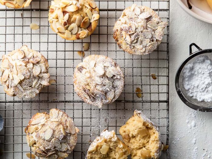 CHAMPAGNE-POACHED PEAR MUFFINS on wire cooling rack