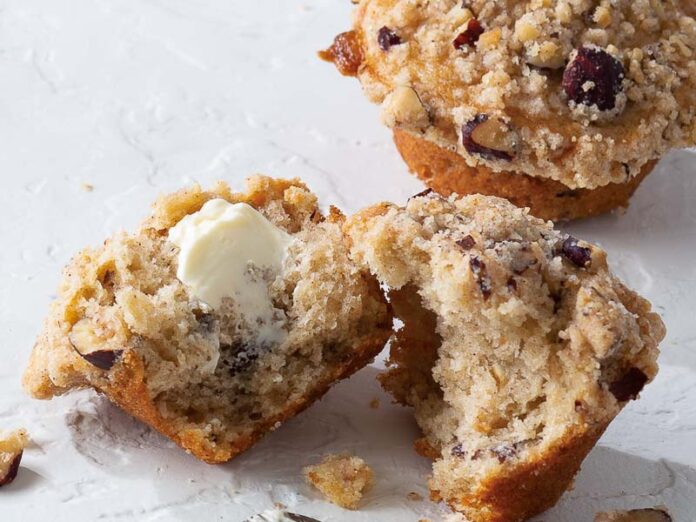 Hazelnut-Banana Sour Cream Muffins on Marble