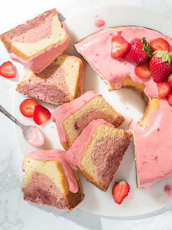 Triple-Strawberry Pound Cake on Marble with Strawberries and Spoon