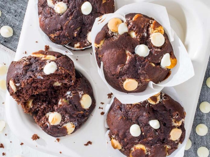 DOUBLE-CHOCOLATE ZUCCHINI MUFFINS on White Towel