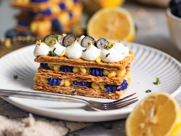 Blueberry-Lemon Swedish Napoleon Cake on White Plate with Fork