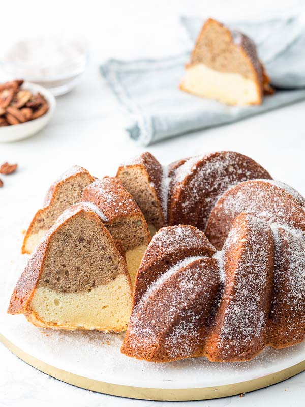 Banana Bread-Cream Cheese Pound Cake on marble serving tray