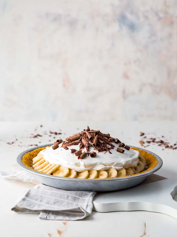 Banoffee Pie on white tray with linen napkin