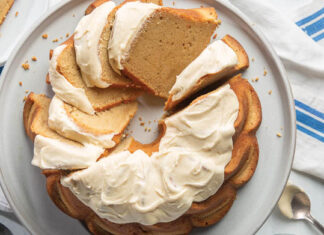 Irish Cream Pound Cake Irish Cream Pound Cake on white plate with slice of cake and striped dish towel