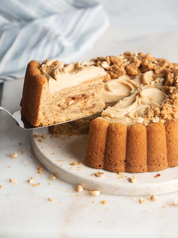 Peanut Butter Cookie Cake on white serving tray