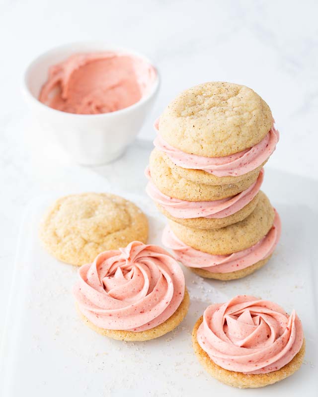 Vanilla Strawberry Sandwich Cookies on marble