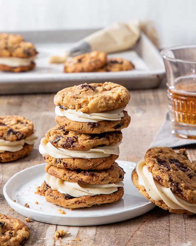 Chocolate-Cherry Browned Butter Sandwich Cookies with Whiskey Buttercream